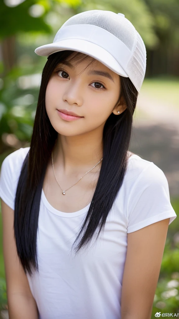 (Please generate an image of a young Filipina woman wearing a plain white t shirt a necklace and a white trucker cap. She has black hair, big black eyes, and a subtle, natural makeup look. The selfie should show her without visible makeup, and she should be looking directly into the camera. The face should appear realistically natural. The full-body shot of this attractive woman should feature a striking pose, and she has piercing black eyes. The girl has a sweet demeanor, and the pose should also be sweet. Please ensure that the entire body of the woman is visible in the image. The background should be black. The details of the image should be of high quality(best quality)), ((masterpiece)), (detailed), perfect face, Filipina, pinay