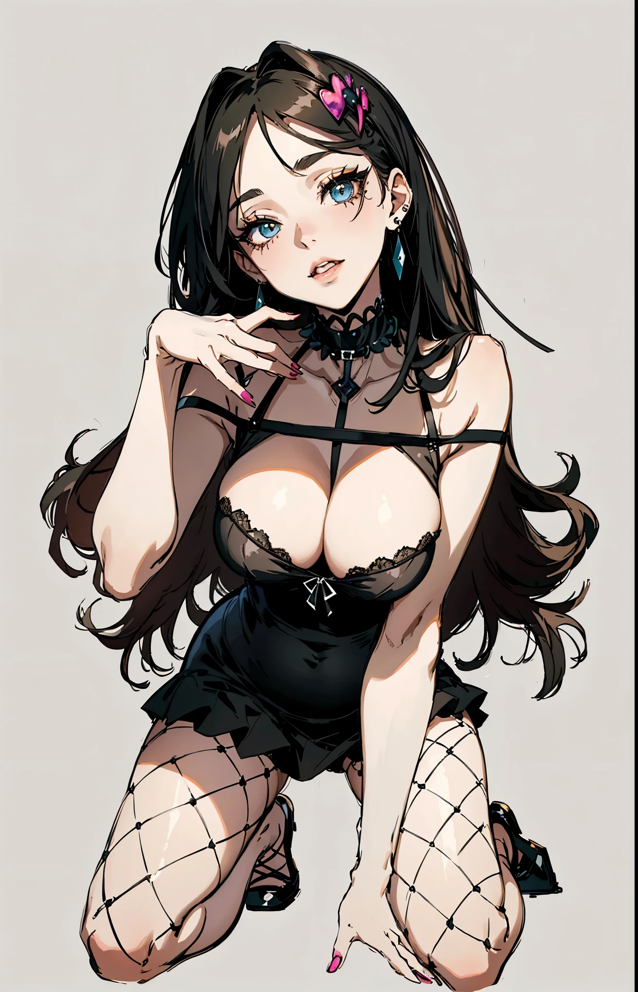 （best quality，masterpiece：1.2，detailed details，4K），((masterpiece)), ((best quality)), (ultra-detailed),14-year-old girl， anime style,large , slim, slender, ashamed,  ，Kneeling,Girl with modern gothic makeup, fair skin, long legs, black eyeshadow, Camisole, plump figure, earrings and lip studs, fishnet stockings, posing in an attractive pose, lovable expression