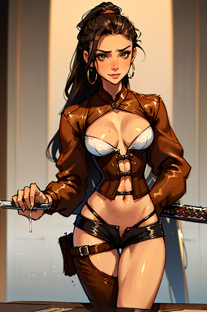 (masterpiece), best quality, expressive eyes, perfect face, (tavern background), (standing), (smirk), (closeup view), (1girl, vanessa alessia, dark skin, tanned skin, brown hair, wavy hairstyle, brown eyes, hourglass figure, thin body, skinny body, petite_body, , thick thighs, long fingernails, white front lace blouse, long sleeve, loose fit, brown leather corset, brown leather shorts, brown boots, sheathed cutlass sword, flintlock pistol in holster, hoop earrings, miscellaneous jewelry),  , stripping, elegant makeup, exhibitionism,  in public, , slim thighs, toned body, shiny skin,  pose,narrow , wearing high hip  and see-through top, amber eyes, (((girl stripping on table))),  exposed
