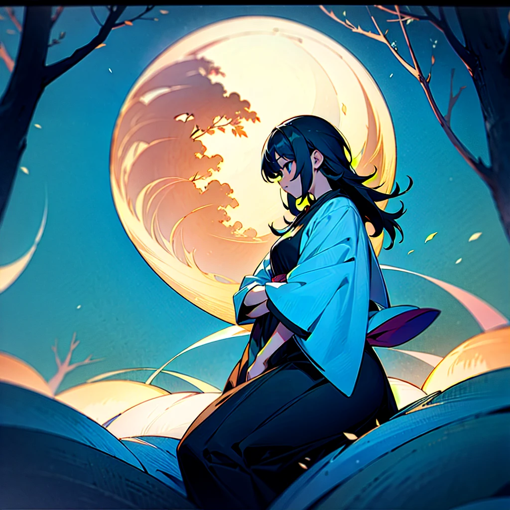 A VERY BIG VILLAGE IN FULL OF NATURE SATORU GOJO SITTING AND SAW THE FULL MOON WITH SO MANY TREES in night