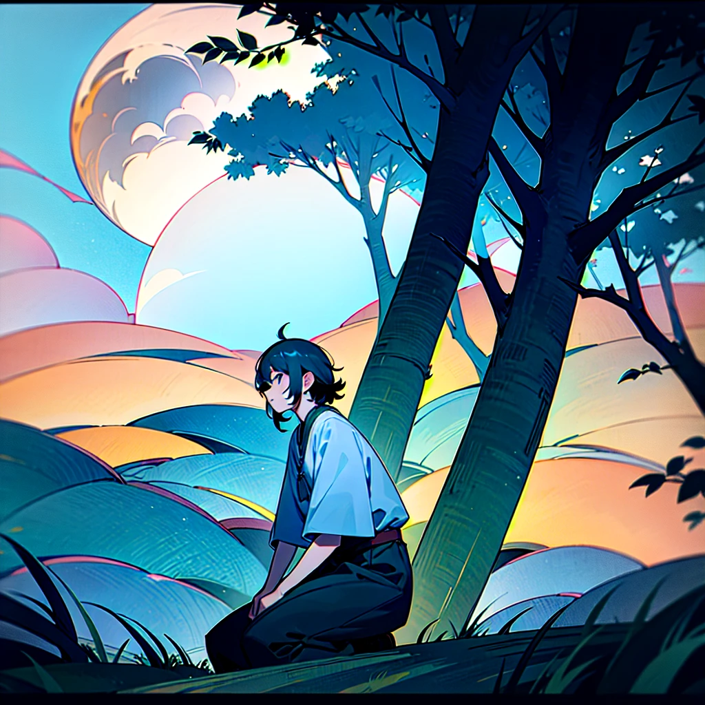 A VERY BIG VILLAGE IN FULL OF NATURE SATORU GOJO SITTING AND SAW THE FULL MOON WITH SO MANY TREES in night
