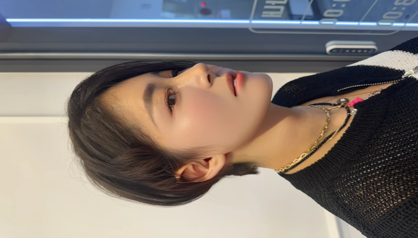 Best Quality, 8k, Masterpiece, (Portrait: 1.3), (photo realistic:1.4), (hyper realistic:1.4), Sharp Focus, looking at viewer, (smoother lighting:1.1), (increase cinematic lighting quality:0.9), realistic lighting, backlighting, light on face, ray trace, (brightening light:1.2), (Increase quality:1.4), sharp detail, (best quality real texture skin:1.4), finely detailed eyes, black_eyes, finely detailed face, 25 year old Korean woman