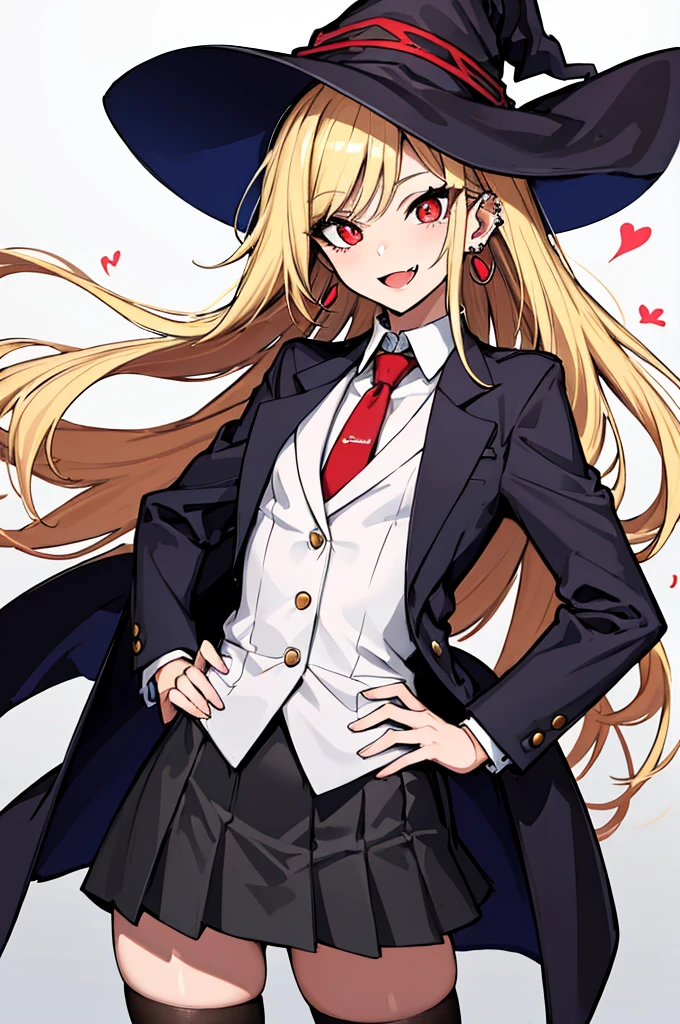(absurdres, 8k, 4k, masterpiece, hyper extreme detailed:1.2), solo, 1girl, side view, perfect face, 1girl, portrait, looking at viewer, standing, Female, Mature Female, very long hair, 8k uhd, 1girl, slender, cowboy shot, standing, half body, front view, red tie, night sky, moon, stockings, big witch hat, witch, blonde hair, piercings, earrings, detailed eyes, expressive eyes, colorful pupils, blazer, skirt, smile, fang tooth, red eyes, earrings, hand on hip, flat chest, looking forward, front view, messy hair, wind, windy, moving hair, moving clothes, swept bangs, mature body, gyaru, crazy face, crazy eyes, crazy smile,