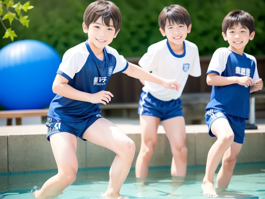 夏休みのprimary school校、Pool、primary school5Grade、Japan Boy、The water feels good、hot day、Two Boys、Various poses、Short sleeve gym uniform、Blue shorts、physical education、barefoot,(Boy 1.4)、Boys only 、(10Age 1.4)