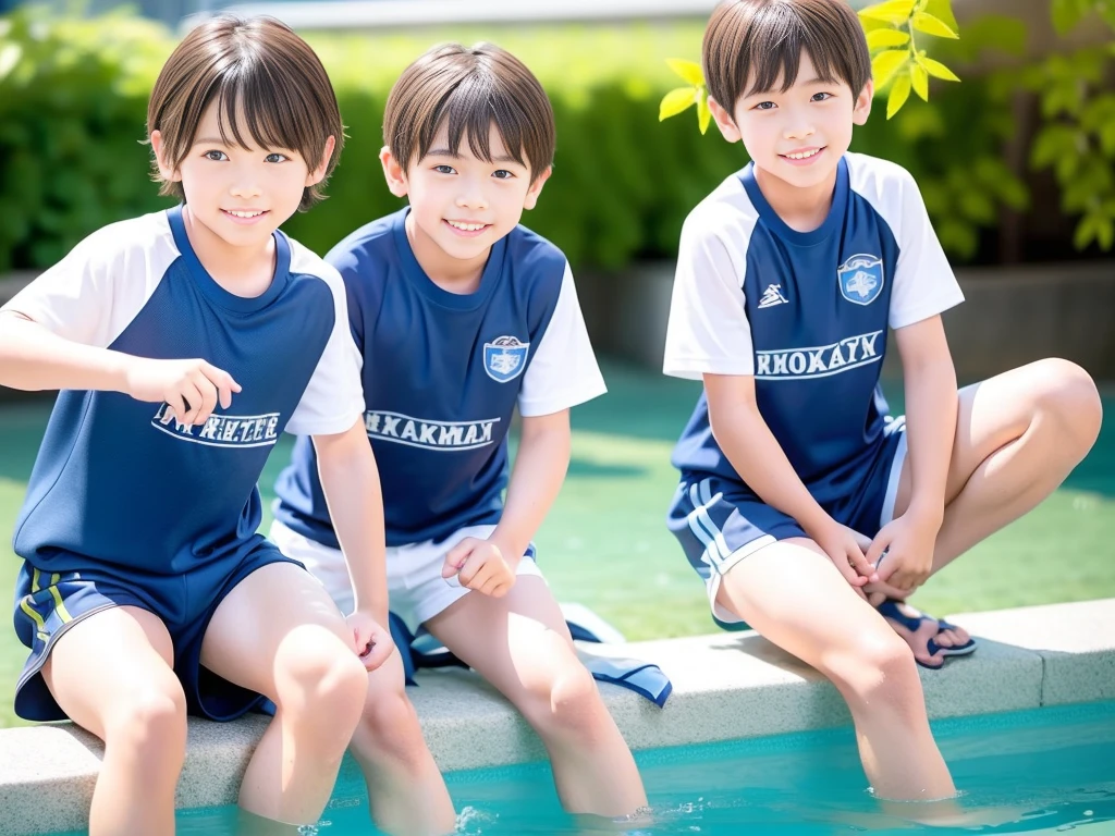 夏休みのprimary school校、Pool、primary school５Grade、Japan Boy、The water feels good、hot day、Two Boys、Various poses、Short sleeve gym uniform、Blue shorts、physical education、barefoot，（Boy 1.4）、Boys only 、(１０Age 1.４)