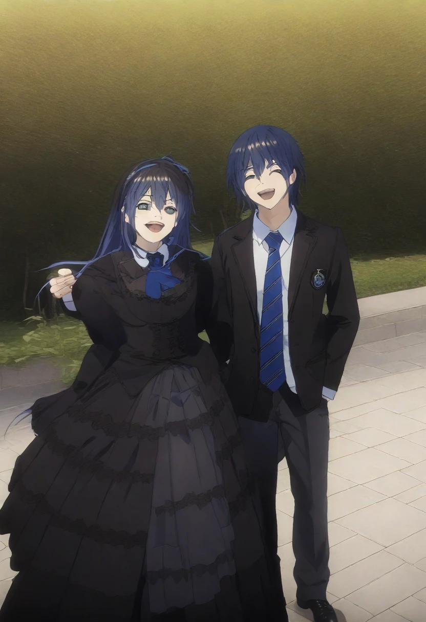 masterpiece, best quality, ((dynamic_angle)),outdoors,
1 girl solo,((medical))_eyepatch,red_eyes,loose_hair,very_long_hair,gothic_lolita,hair_flower,glowing_eyes,floating_hair,smile,
(itsuka shido, 1boy, blue hair, upper body, expressive eyes, school uniform, Black jacket, white shirt, black pants, blue tie, smile, open mouth), He stares at the viewer while shaking his hand towards the viewer.
