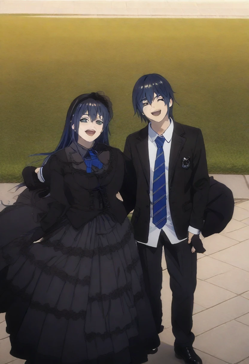 masterpiece, best quality, ((dynamic_angle)),outdoors,
1 girl solo,((medical))_eyepatch,red_eyes,loose_hair,very_long_hair,gothic_lolita,hair_flower,glowing_eyes,floating_hair,smile,
(itsuka shido, 1boy, blue hair, upper body, expressive eyes, school uniform, Black jacket, white shirt, black pants, blue tie, smile, open mouth), He stares at the viewer while shaking his hand towards the viewer.
