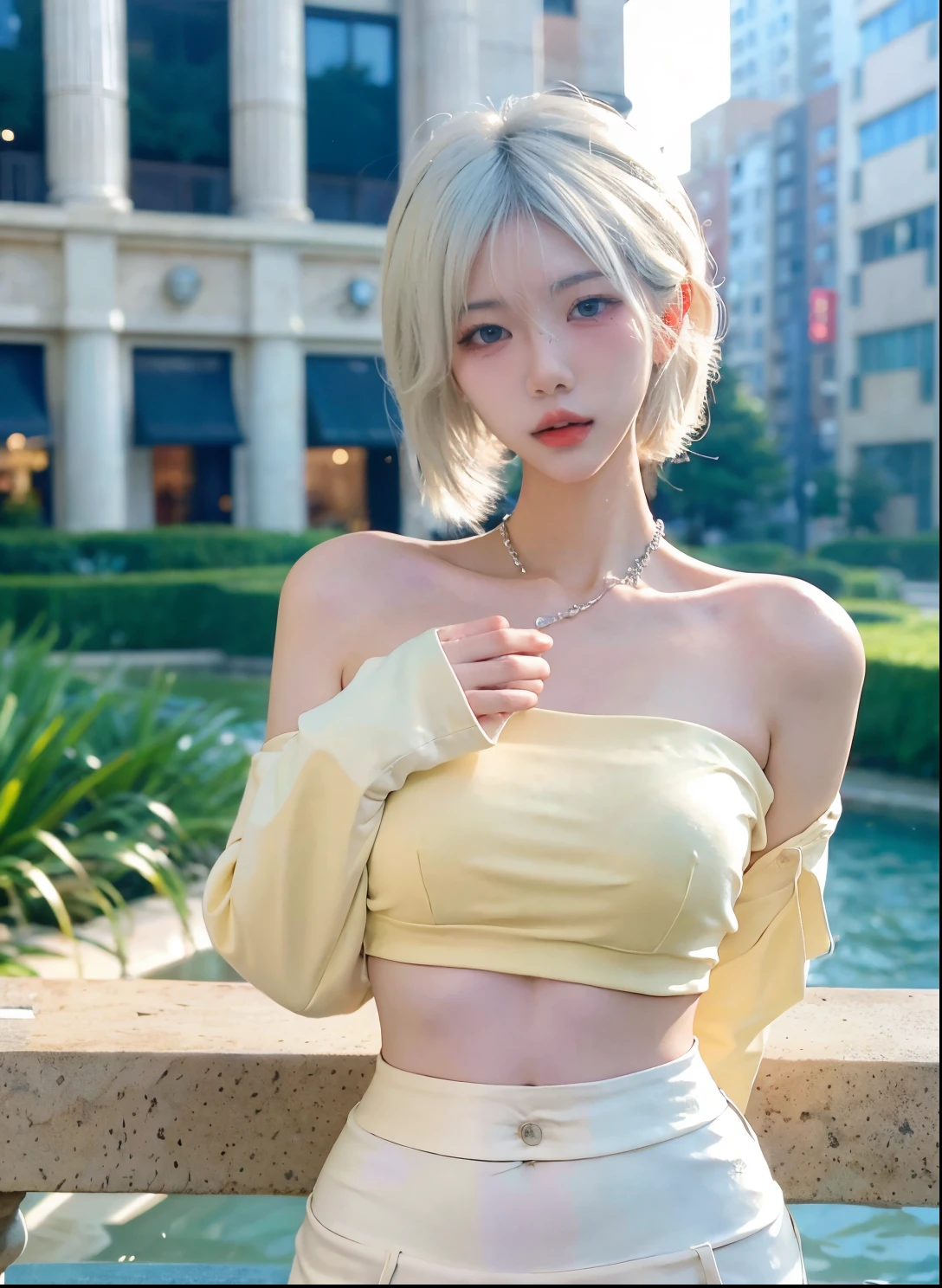 Beautiful woman with perfect figure:1.4,Ultra-high resolution,Balcony background,wear glasses,White背景,(lifelike:1.4),Layered Hairstyle,White皮肤,Super short pleated skirt,whole body,Very delicate face and skin texture,Double eyelids,Skin Whitening,Long hair,White hair,White,