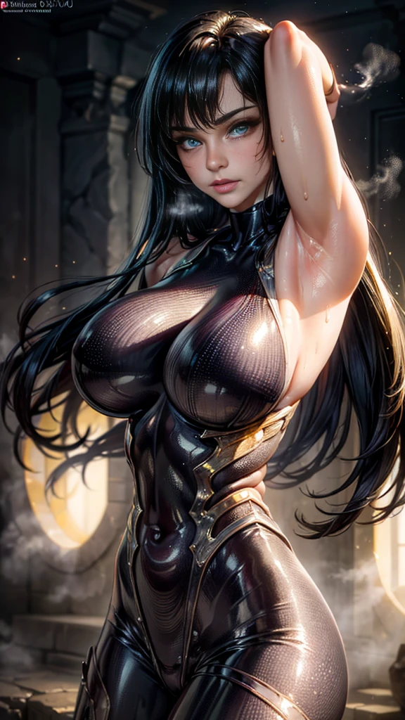  (best quality,4k,8k,highres,masterpiece:1.2),ultra-detailed,(realistic,photorealistic,photo-realistic:1.37),beautiful girl,long straight black hair,fit body,

ultra-detailed armpit,beautiful detailed sweat pores,smooth skin texture,meticulously rendered, pinkish armpit, smelly,

(sleeveless black bodysuit, glowing golden linings), (steamy:1.2), beautiful blue eyes, (seductive face:1.2),

((lightbloom)), volumetric lighting, soft lighting, bokeh.
