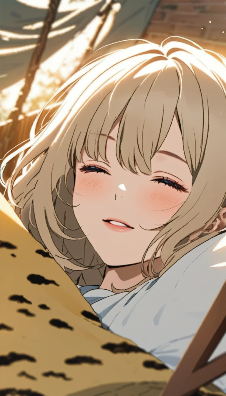 Highest quality、Masterpiece、Sunset Savanna、tent、BREAK、(((One Girl、Cute sleeping girl、tentでチーター柄のsleeping bagに入る女性:1.37)))、BREAK、sleeping bag、Sleeping with a cheetah、Super detailed cheetah、A detailed drawing of a cheetah、