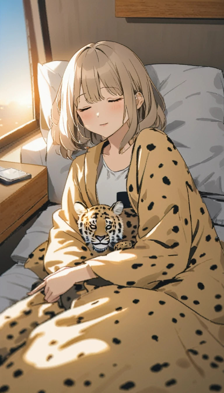 Highest quality、Masterpiece、Sunset Savanna、tent、BREAK、(((One Girl、Cute sleeping girl、tentでチーター柄のsleeping bagに入る女性:1.37)))、BREAK、sleeping bag、Sleeping with a cheetah、Super detailed cheetah、A detailed drawing of a cheetah、