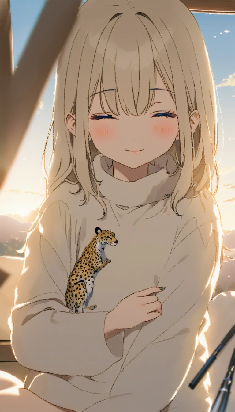 Highest quality、Masterpiece、Sunset Savanna、tent、BREAK、(((One Girl、Cute sleeping girl、tentでチーター柄のsleeping bagに入る女性:1.37)))、BREAK、sleeping bag、Sleeping with a cheetah、Super detailed cheetah、A detailed drawing of a cheetah、