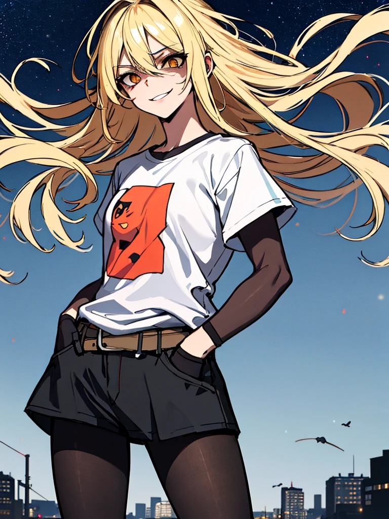 (absurdres, 8k, 4k, masterpiece, hyper extreme detailed:1.2), (masterpiece), best quality, expressive eyes, highres, perfect eyes, 1girl, perfect face, perfect hands, standing, belt, 1girl, blonde hair, eyepatch, perfect , eyepatch, long hair, platinum blonde hair, muscular, toned body, strong, empty eyes, blank stare, crazy face, crazy eyes, crazy smile, gloves, graphic t- shirt, small, golden eyes, deadpan, expressionless, shaded face, messy hair, crazy hair, city background, heroic, half body, cowboy shot, night time, stars, night sky, hand on head, hands in pockets, wind, windy, pantyhose, covered abdomen
