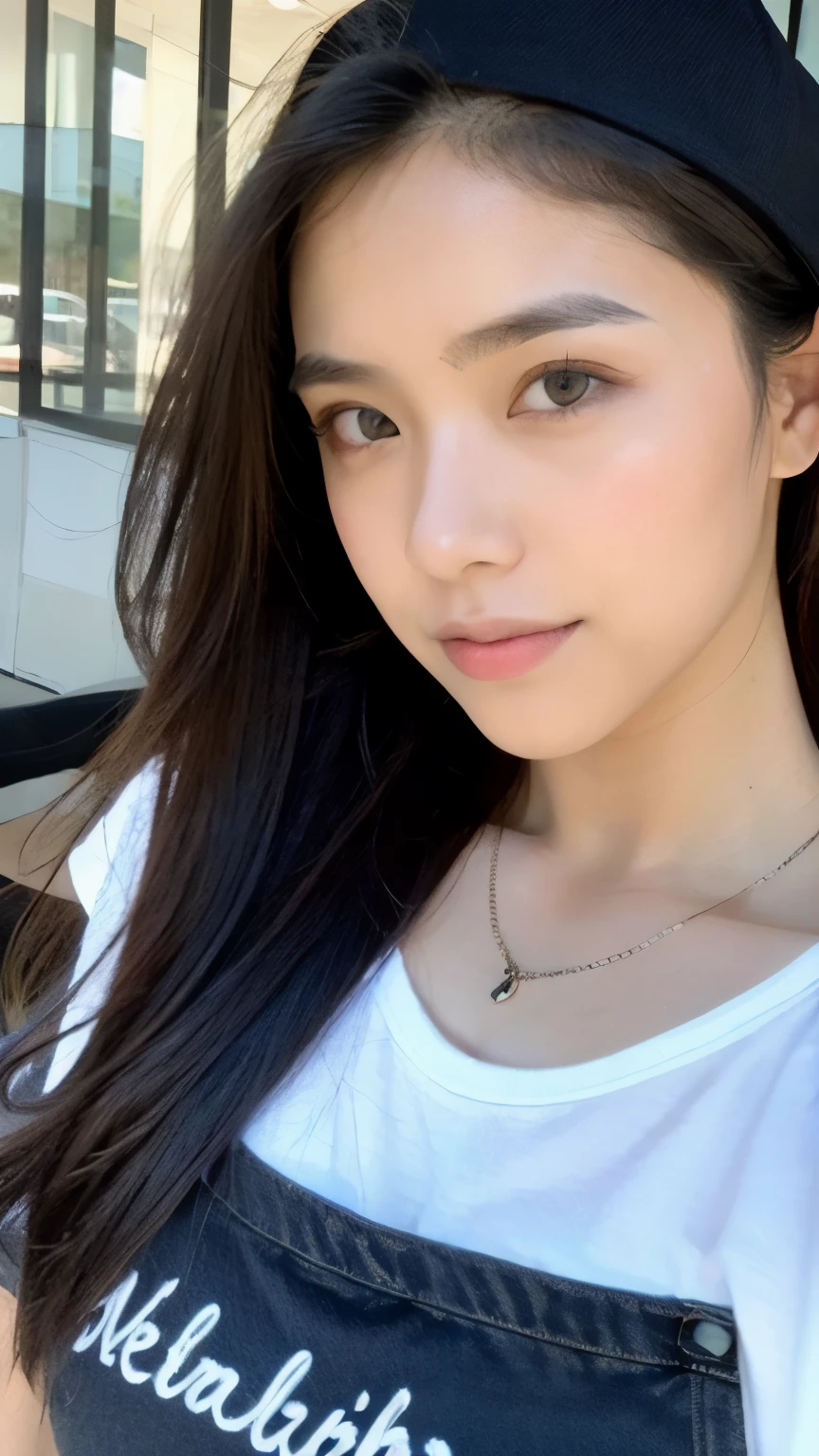 (Please generate an image of a young Filipina woman wearing a t shirt a necklace and a white trucker cap. She has black hair, big black eyes, and a subtle, natural makeup look. The selfie should show her without visible makeup, and she should be looking directly into the camera. The face should appear realistically natural. The full-body shot of this attractive woman should feature a striking pose, and she has piercing black eyes. The girl has a sweet demeanor, and the pose should also be sweet. Please ensure that the entire body of the woman is visible in the image. The background should be black. The details of the image should be of high quality(best quality)), ((masterpiece)), (detailed), perfect face, Filipina, pinay