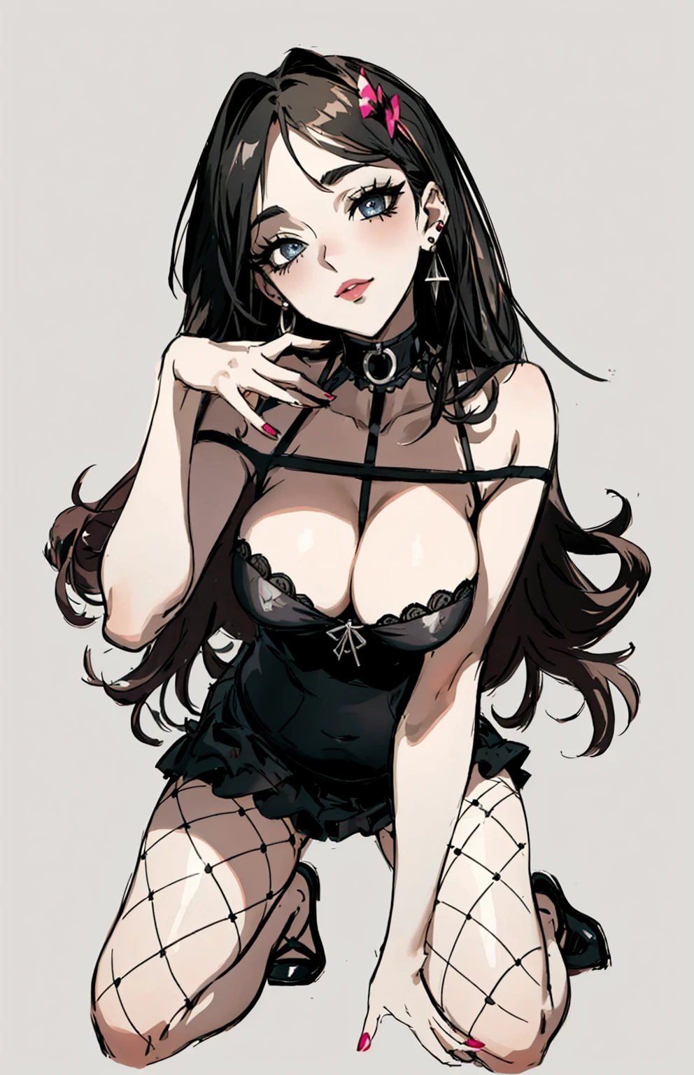 （best quality，masterpiece：1.2，detailed details，4K），((masterpiece)), ((best quality)), (ultra-detailed),， anime style,large breast, slim, slender, ashamed, all fours ，Kneeling,Girl with modern gothic makeup, fair skin, long legs, black eyeshadow, Camisole, plump figure, earrings and lip studs, fishnet stockings, posing in an attractive pose, lovable expression