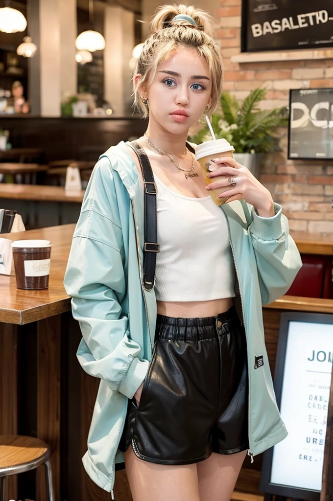 Miley Cyrus, beautiful, wearing a style jacket and shorts, posing beautifully in a cafe
