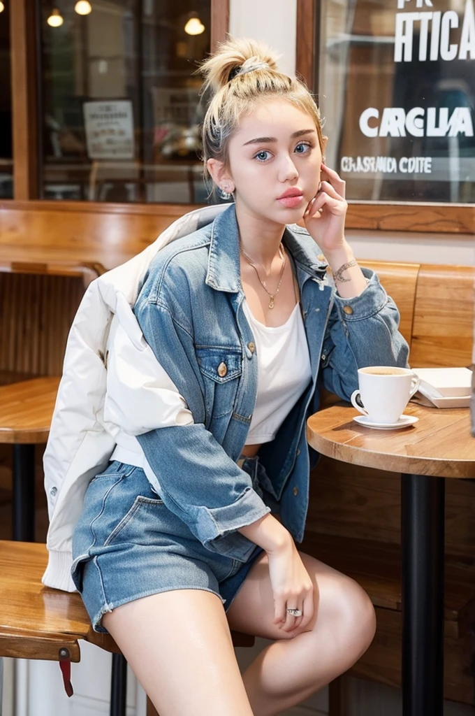 Miley Cyrus, beautiful, wearing a style jacket and shorts, posing beautifully in a cafe