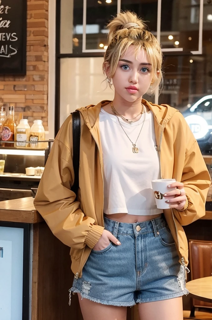 Miley Cyrus, beautiful, wearing a style jacket and shorts, posing beautifully in a cafe