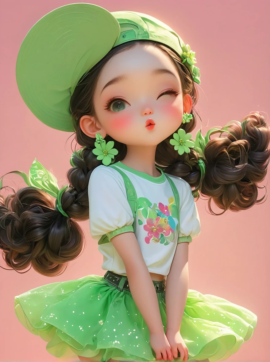 poster design, Flower elements, Starry sky elements, weird, Girl holding two hands and a hat, Dark silver, light green, red light, whole body, Corporate punk, 角色detail设计, Plush doll art style, Colorful animation stills, colorful animation stills, Garage Kit, 2D, 2D Game Art, Cute and colorful, intellectual property, 3d, C4D, Blender, Unreal Engine, 8K, OC Renderer, Excellent lighting, Chiaroscuro, detail, Art Award, Light, Ultra HD, 3d rendering, Realistic design, best quality, author:Faith Ringgold