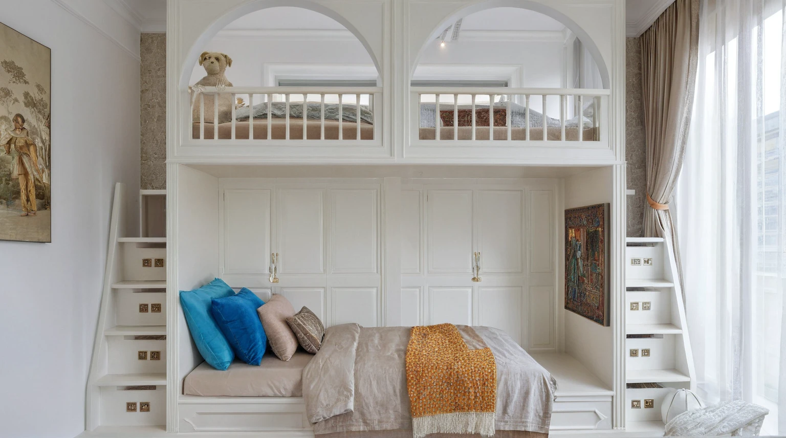 Raw photo,Masterpiece, high quality, best quality, authentic, super detail,
interior, indoors,living room, neoclassic style , bed, cabinet, lamp, rug, windows, curtains, bookshelf, bright tone, white wall
, (daylight:1.1), vivid colour, (realistic:1.2),JJ's Interior