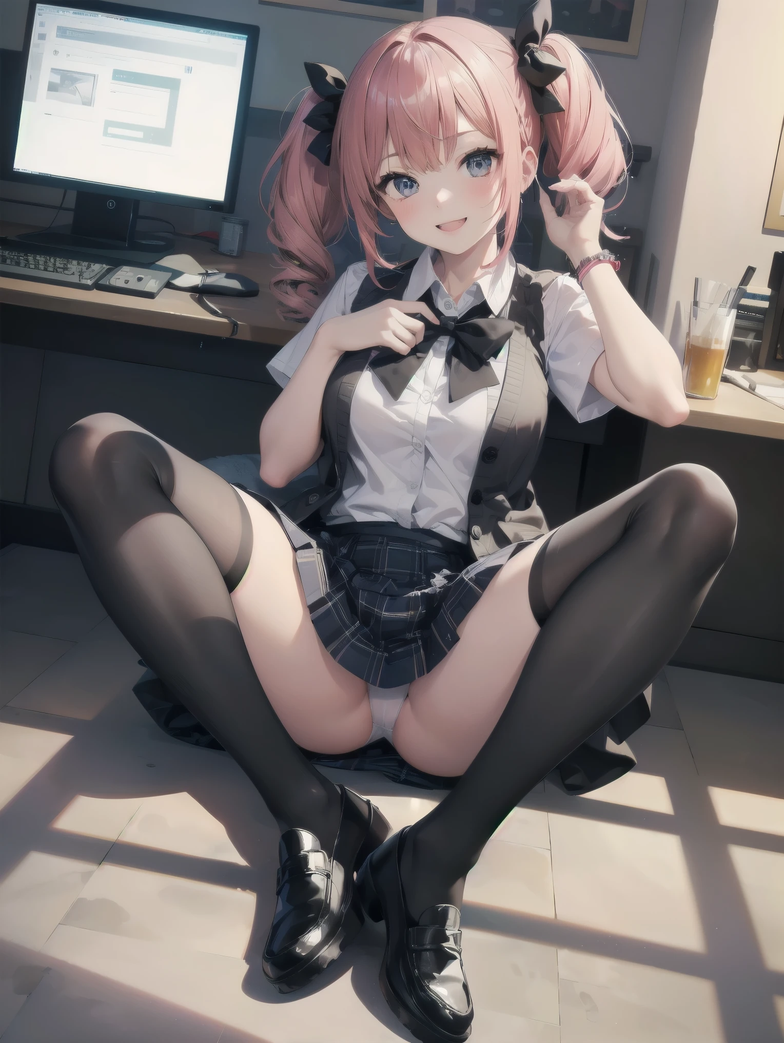 absurdres, absolutely resolution, incredibly absurdres, highres, ultra detailed, official art, unity 8k wallpaper,
BREAK
1 girl, soro, twintails, bow, cardigan vest, short sleeve shirt, plaid skirt, over black legwear, loafers, smile, Sexual girl, Dressy styles that are glamorous and pretty, with an emphasis on cuteness, bright shades and pop designs