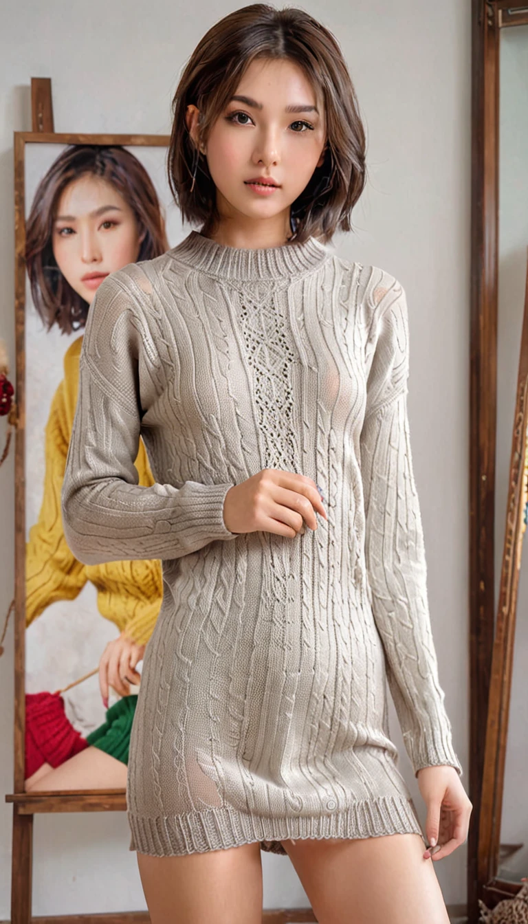 Arab Asian woman in sweater and panties posing rolling up the hem of her knitted mini dress, a photorealistic painting by Leng Mei, CG society hot topic, Photorealism, Short hair, Photorealistic anime girl rendering, Trending on cgstation, Beautiful Asian Girl, Soft Portrait Shot 8k, 8K Portrait Rendering, Gorgeous Chinese Model, Cinematic. Ren Jun, Japanese Model