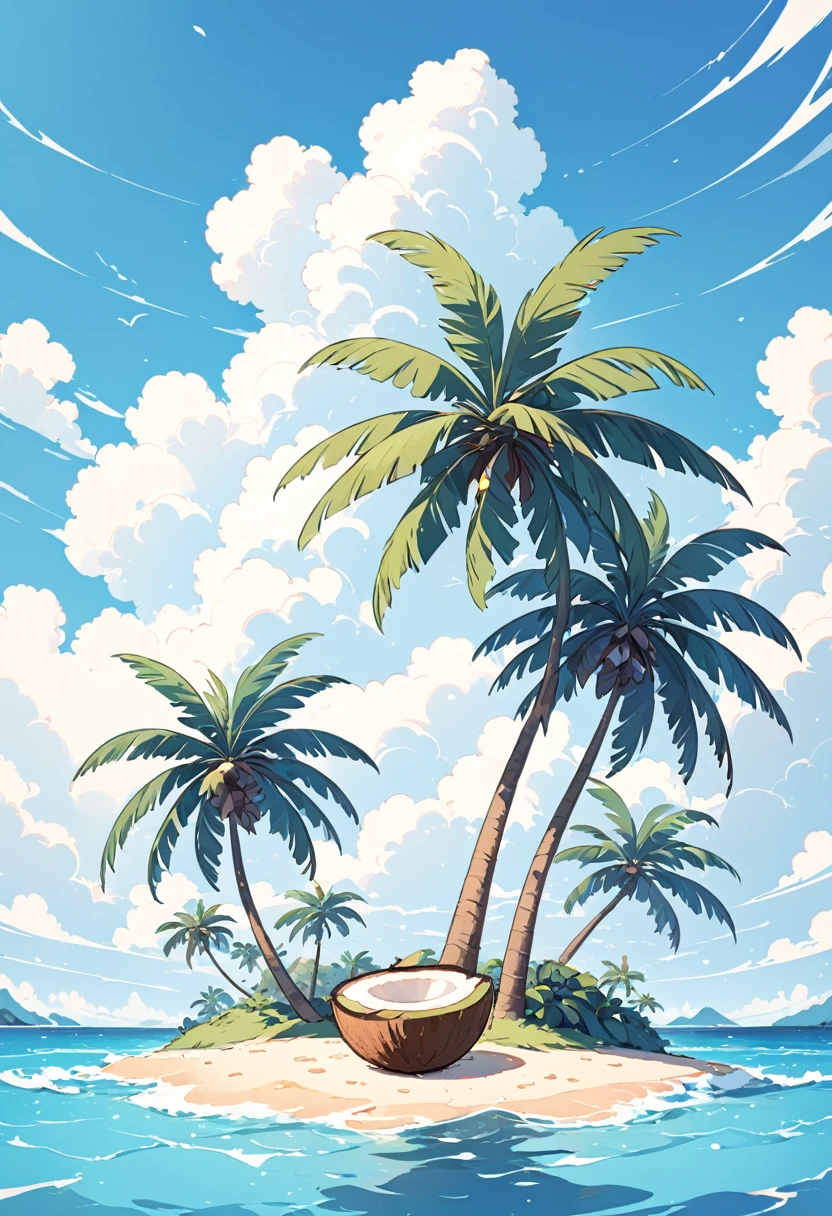 coconut tree,Cartoon,summer,Illustration style,Blue seaside,White clouds;