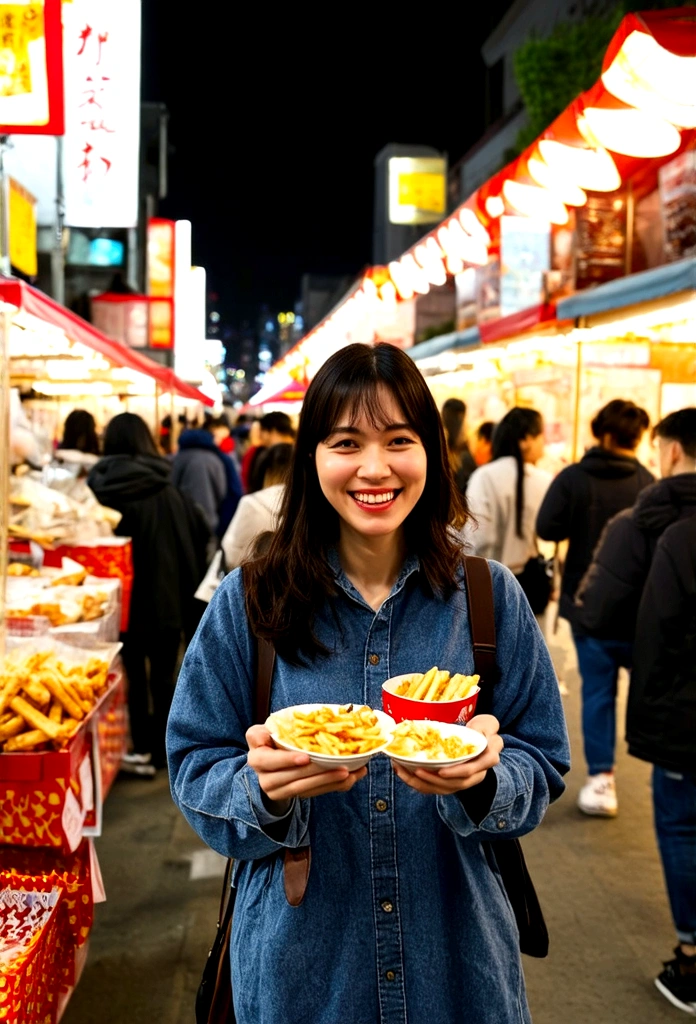 Bustling night market. The woman was wearing casual clothing, Bring snacks, Her face was full of joy and satisfaction..