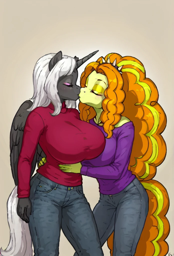  Alicorn princess female and Adagio Dazzle  , white mane, ,black body color  long flowing  mane pink  eyes anthro huge breasts  , jeans,sweater
lesbians   ,perfect body shape kissing,love couple closed eyes