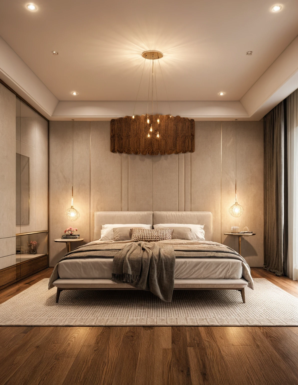 Raw photo,Masterpiece, high quality, best quality, authentic, super detail, interior, indoors, ((bedroom style modern luxury)), sunset, day light, bed, lamp, carpet, curves, bedside cabinets, flower vase, wood floor ,