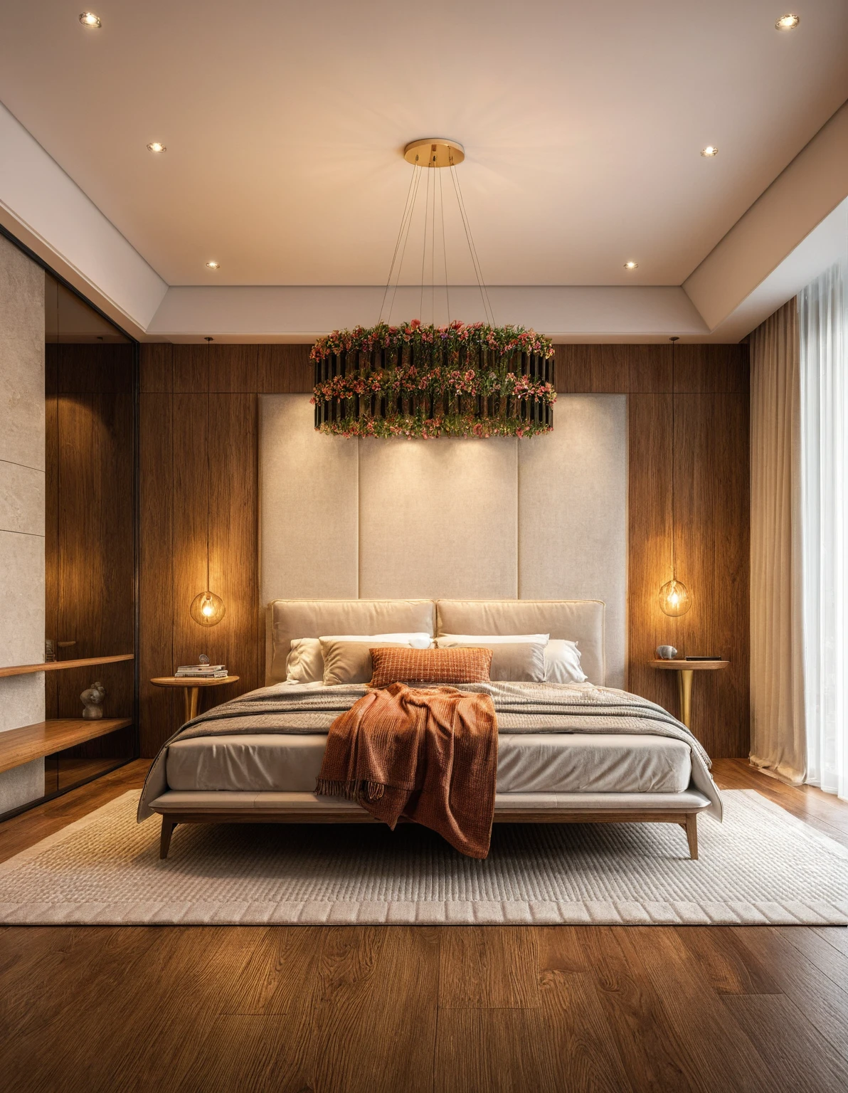 Raw photo,Masterpiece, high quality, best quality, authentic, super detail, interior, indoors, ((bedroom style modern luxury)), sunset, day light, bed, lamp, carpet, curves, bedside cabinets, flower vase, wood floor ,