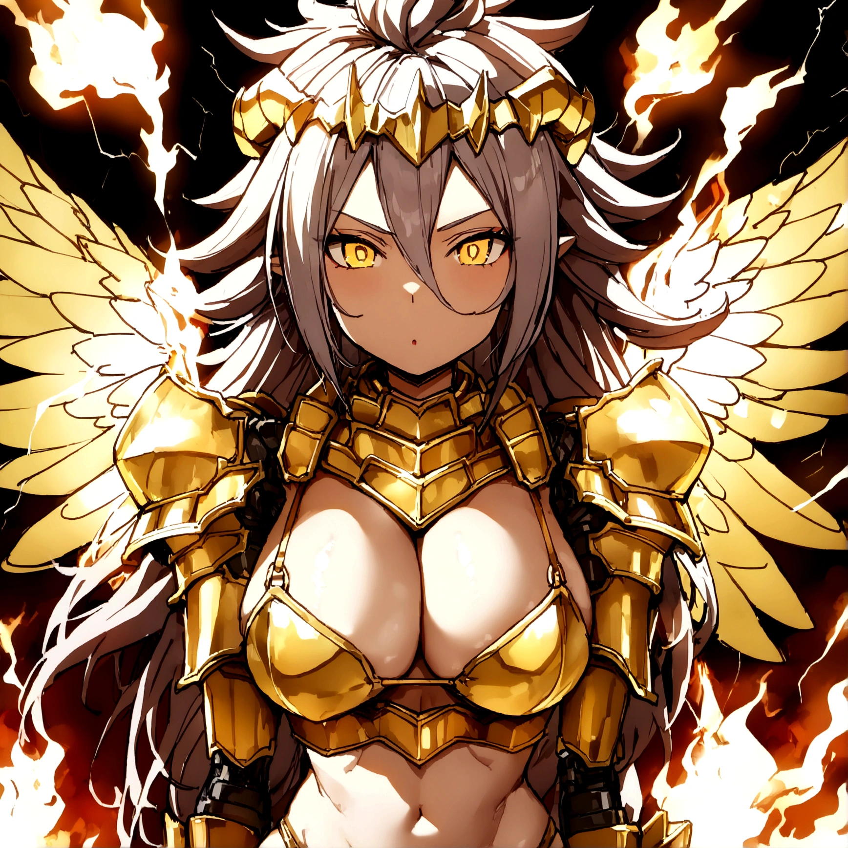 ((Lightning Power)), ((Electricity)), ((Fire Background)), ((Lightning Storm)), ((Power Erupting)), (((((android 21))))), ((((Massive SUN Rasengan)))), (((Evil Power))), (((white Coat))), (((Busty))), (((((Big breast:1,3)))), luxury bustier corset, (((silver hair))), (((Very slim waist))), propotional body, ((Gorgeous)), (((Fire Blazing Horns))), ((((gold wings))), masterpiece, hyperdetail, ambient effect, digital effect, (((Fire Gold Bikini Armor))), (((Lightning Gold Wings)))