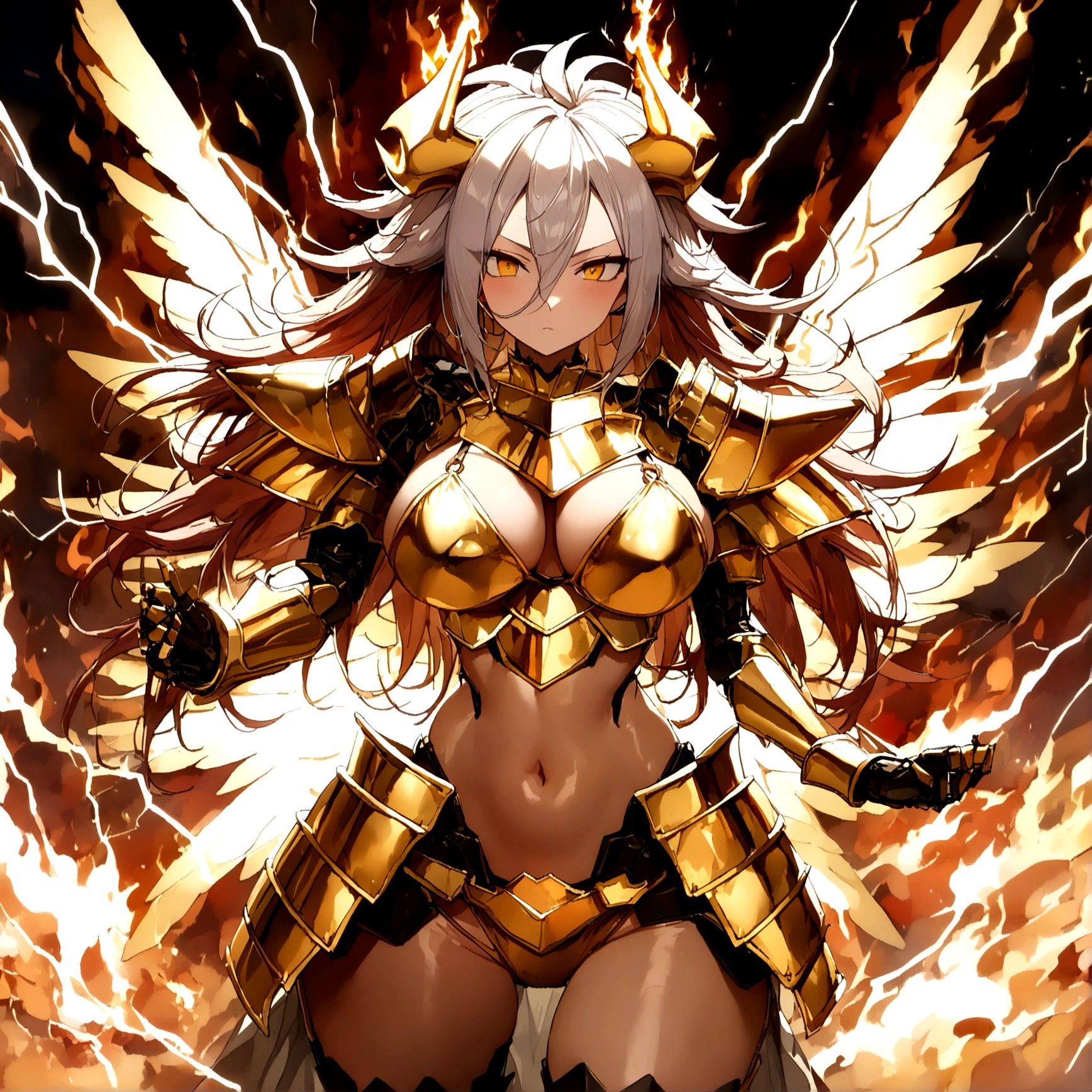 ((Lightning Power)), ((Electricity)), ((Fire Background)), ((Lightning Storm)), ((Power Erupting)), (((((android 21))))), ((((Massive SUN Rasengan)))), (((Evil Power))), (((white Coat))), (((Busty))), (((((Big breast:1,3)))), luxury bustier corset, (((silver hair))), (((Very slim waist))), propotional body, ((Gorgeous)), (((Fire Blazing Horns))), ((((gold wings))), masterpiece, hyperdetail, ambient effect, digital effect, (((Fire Gold Bikini Armor))), (((Lightning Gold Wings)))