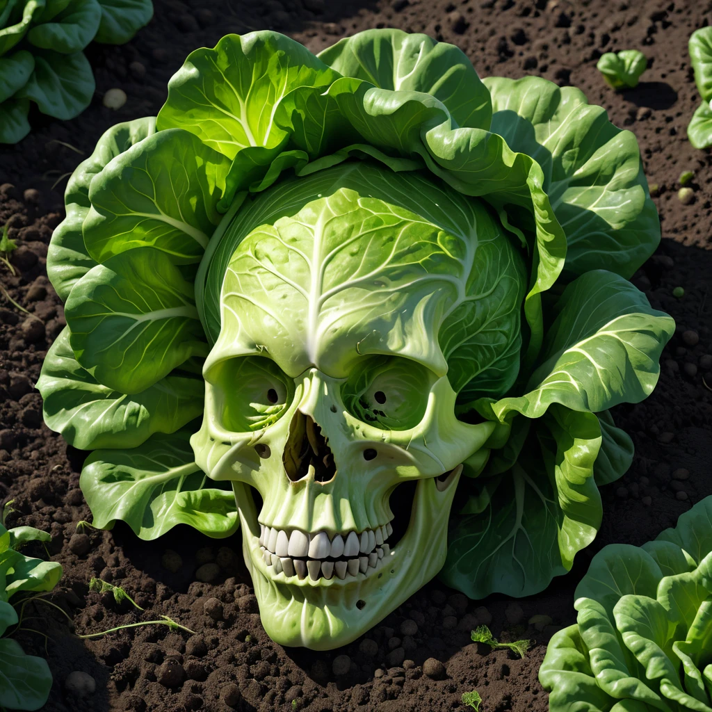 Realistic render of a gigantic head of lettuce laying down at the ground near a small human skull, 8K realistic, hyperrealistic, highly detailed, very detailed, high quality