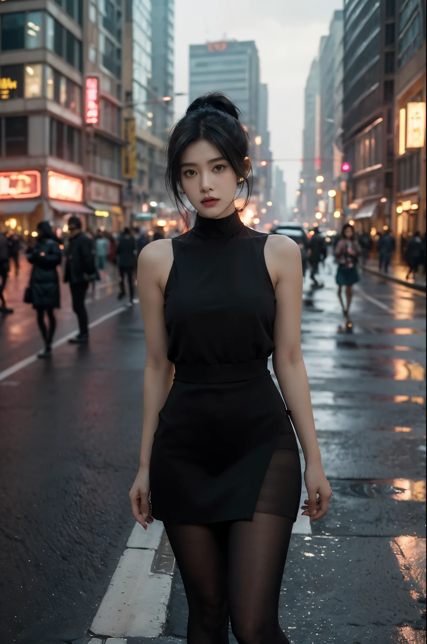 (((best quality))),(((ultra detailed))),(((masterpiece))),illustration,1girl,slim,vibrant rose-pink cotton dress,short ponytail,flat chest,pantyhose,standing, bustling city streets, honking cars,surrounded by crowded crowds, colorful advertisements,enjoying sights and sounds,(dark black skin:1.5),day scene,upper body