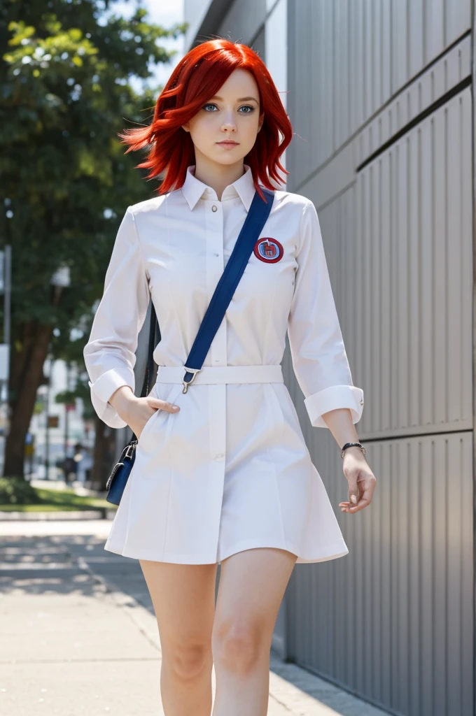 Blue eyed girl with white and red hair walking in bnha