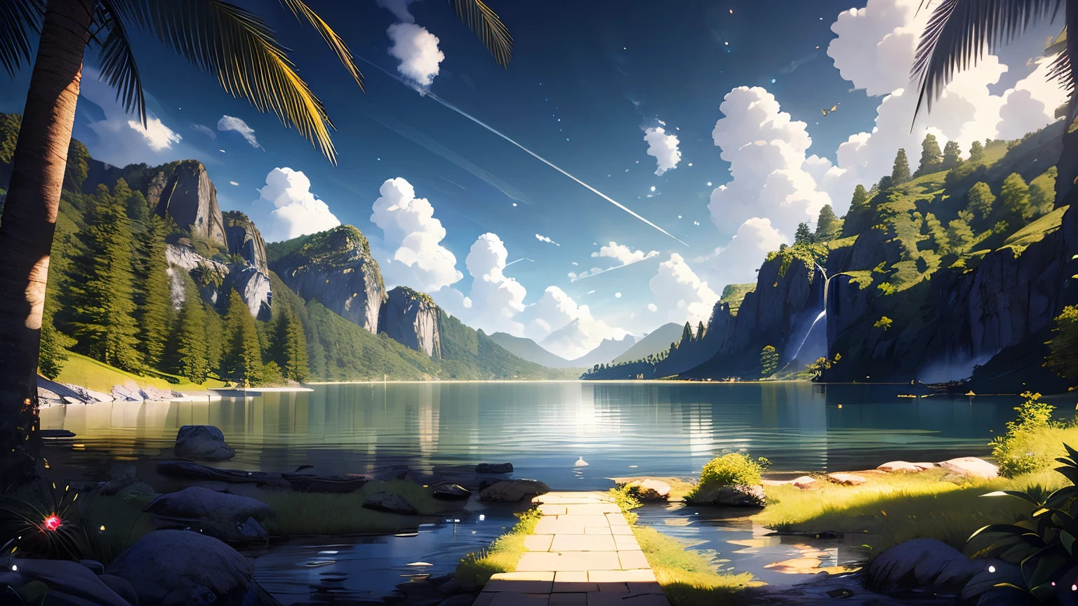 masterpiece, best quality, high quality, extremely detailed CG unity 8k wallpaper, a hyperrealistic lake, splashing water, lens flares, sunshaft, fluffy clouds, HDR, Photorealistic, hyperdetailed, cool color palette, mysterious