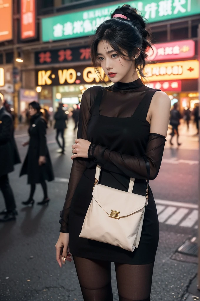 (((best quality))),(((ultra detailed))),(((masterpiece))),illustration,1girl,slim,vibrant rose-pink cotton dress,short ponytail,flat chest,pantyhose,standing, bustling city streets, honking cars,surrounded by crowded crowds, colorful advertisements,enjoying sights and sounds,(dark black skin:1.5),day scene,upper body