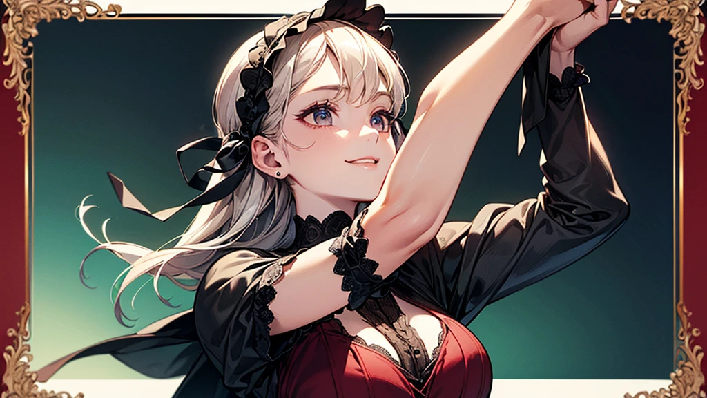 ((Biologically correct limb count))、((whole body including face))、4K、Masterpiece、((Focus on the face))、((Symmetrical, well-proportioned facial features))、Eyes with delicate depictions、(((1 person)))、Beautiful woman、Outstanding style、Slender Body、((Headband、Gothic Lolita、Red Dress、(High heels)))、(smile)、(Close-up photo of the upper body)、High angle、Look Up、Photo with white border、looking at the camera、Stretching one's legs out towards the camera、Sexy pose