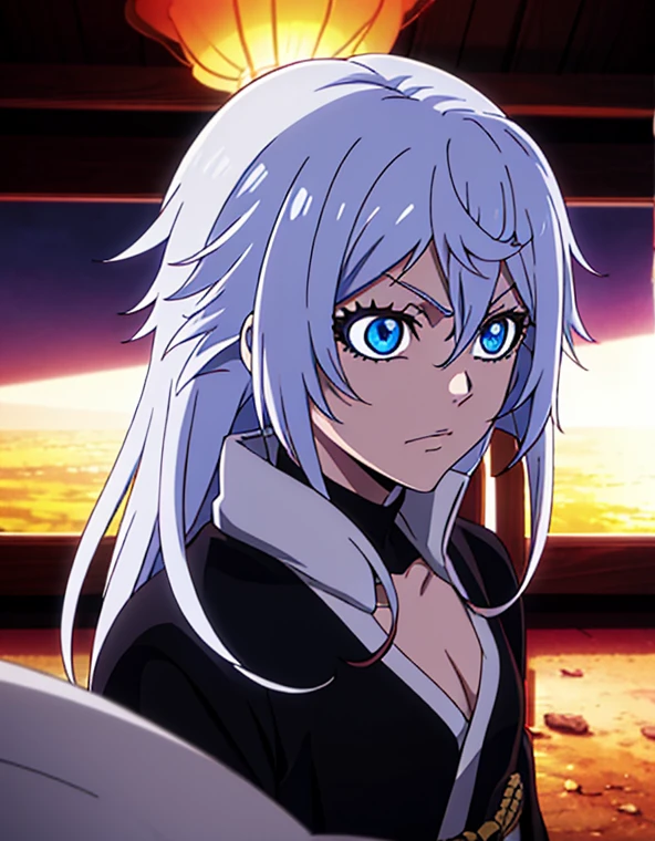 High accuracy, Anime, Tafah, 1girl, Single, Shinobi Shuzuku, To persuade, split, Glowing eyes, ((fair skin)), White hair, long hair , Afro, Shiny eyes, Blue eyes , Best quality, Best face, (((((Best eyes)))))