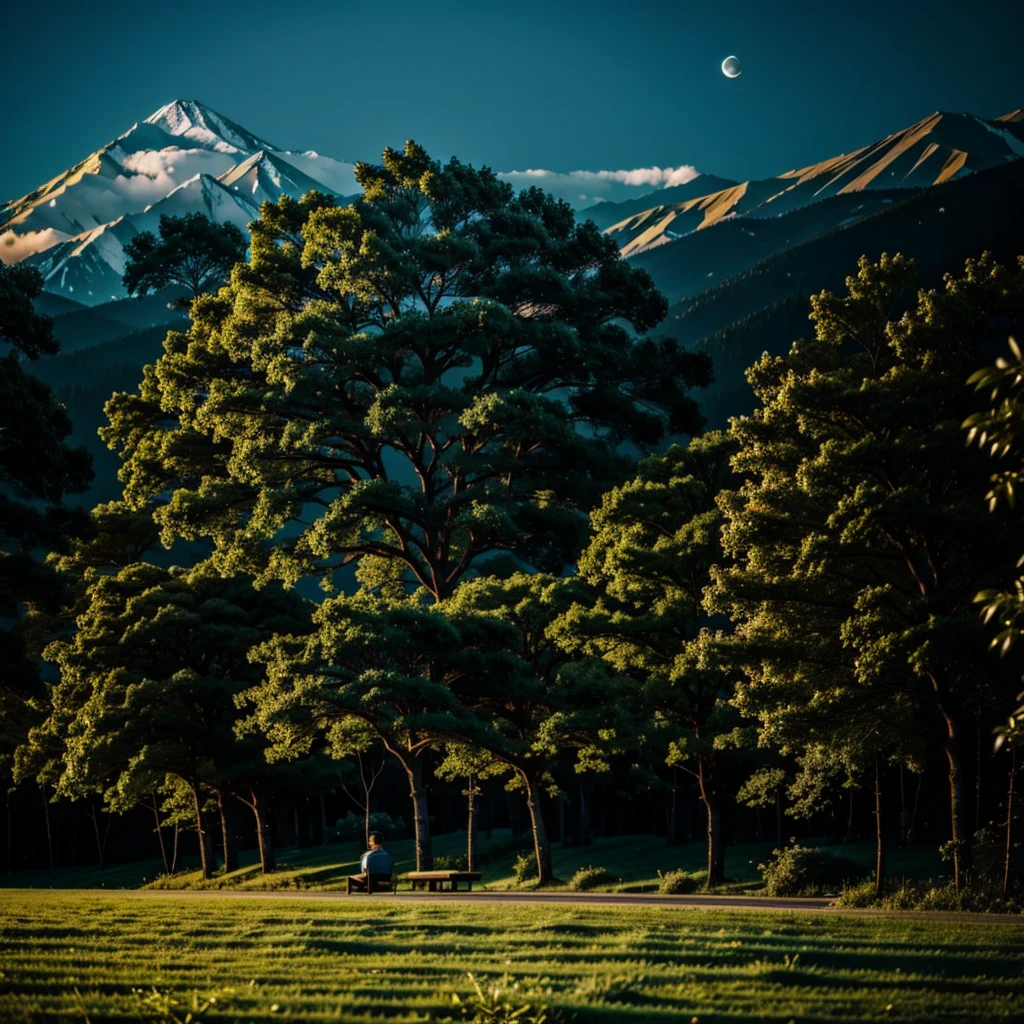 A VERY BIG VILLAGE IN FULL OF NATURE SATORU GOJO SITTING AND SAW THE FULL MOON WITH SO MANY TREES in night