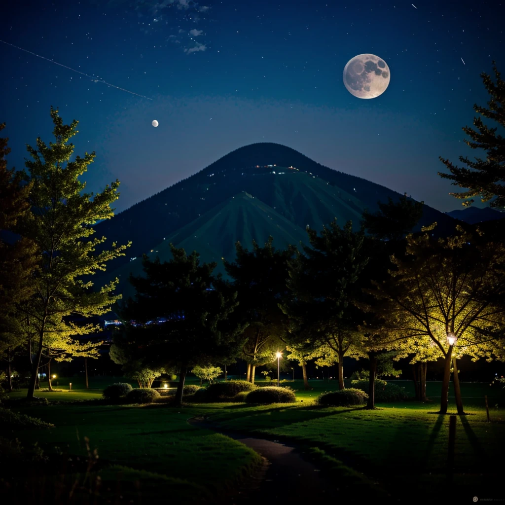 A VERY BIG VILLAGE IN FULL OF NATURE SATORU GOJO SITTING AND SAW THE FULL MOON WITH SO MANY TREES in night
