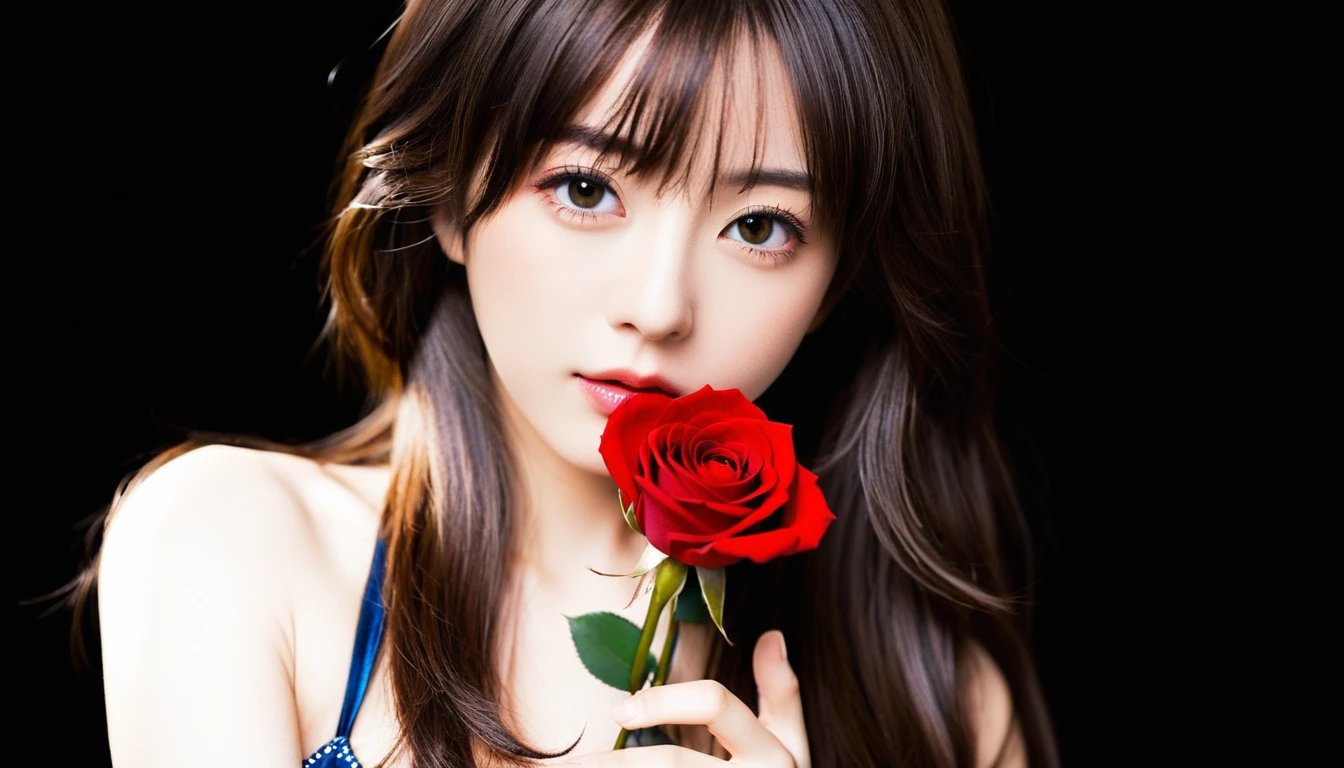 best quality, masterpiece,
japanese idol girl, looking at viewer, long hair, Headshots, hold a rose with one hand, enlargement, very beautiful detailed face, medium chest, (Cute face, looks tempting), eye level,
professional photos, high contrast exposure, soft bokeh, high key light, solid shadow, Photo realism