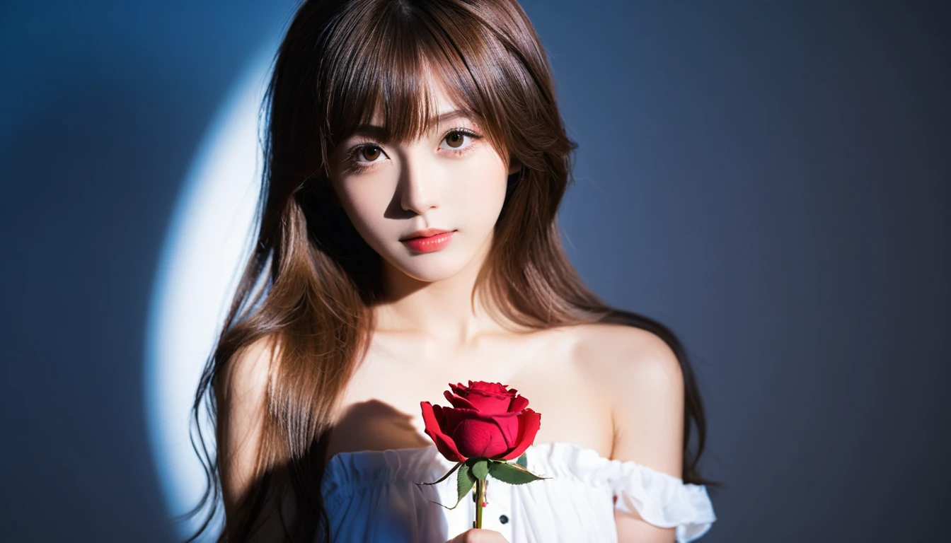 best quality, masterpiece,
 japanese idol girl, looking at viewer, long hair, Headshots, hold a rose with one hand, enlargement, very beautiful detailed face, medium ?????, (Cute face, looks tempting), eye level,
professional photos, high contrast exposure, soft bokeh, high key light, solid shadow, Photo realism