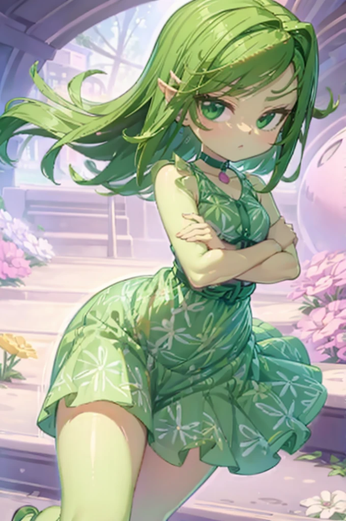 the left arm under his chest surrounding his abdomen and his right arm resting on his arm, sticking your hips out to the right side while standing with your curved pose, expression: una expression de desagrado marcada en su cara, outfit:A-line sleeveless dress, with flower print, green skin and short dark green hair, flat: chopped style: anime