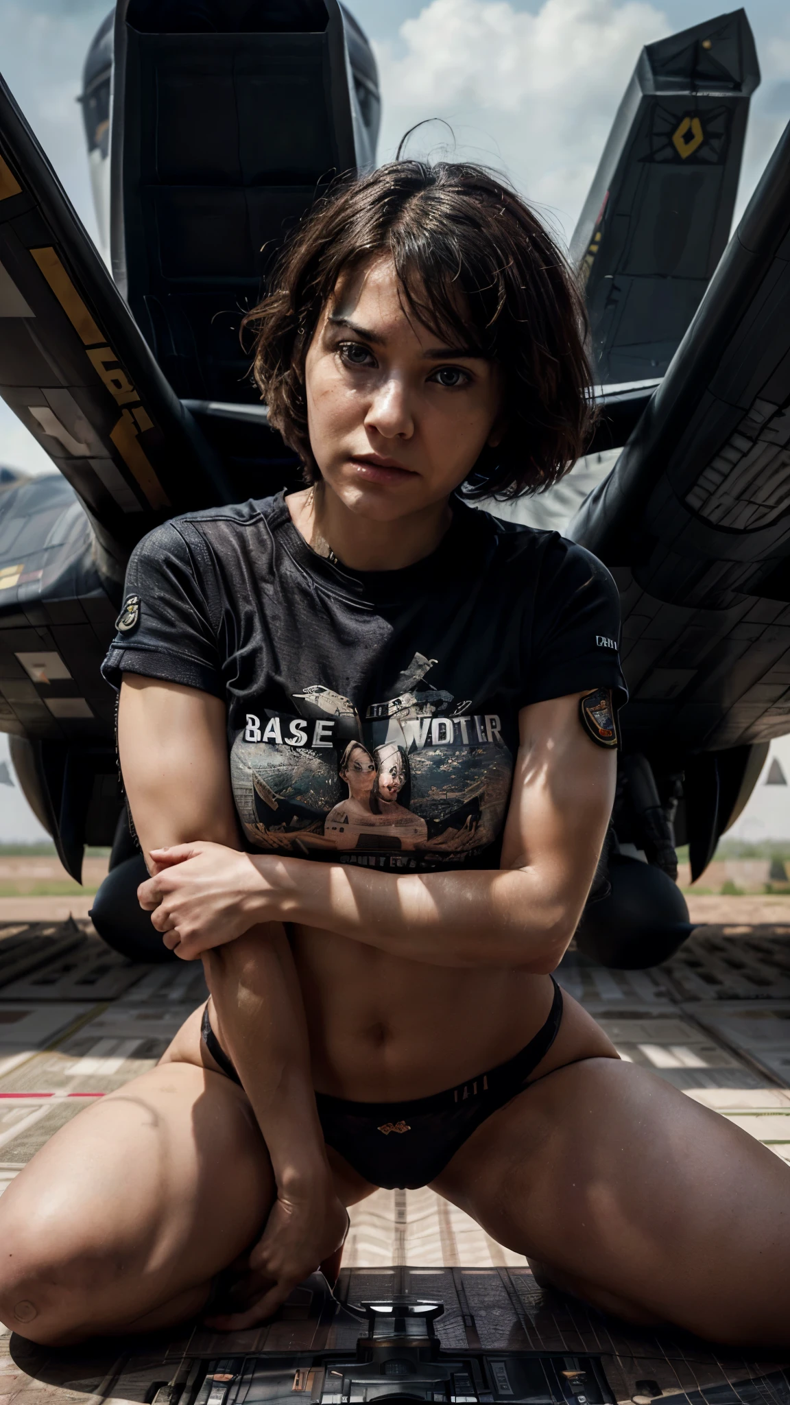 ((Hyper detailed face, correct face, perfect face,))Realistic, polite t-shirt and , (Fighter plane action war movie poster), (Base movie reference: ealistic, general  from Air Force, (Realistic Face Resolution), Cinematic Poses, Adult, Slim, Small, Short Hair Dark Black Woman 1 Person, Serious Face, Sci-Fi, Science Fiction, Different