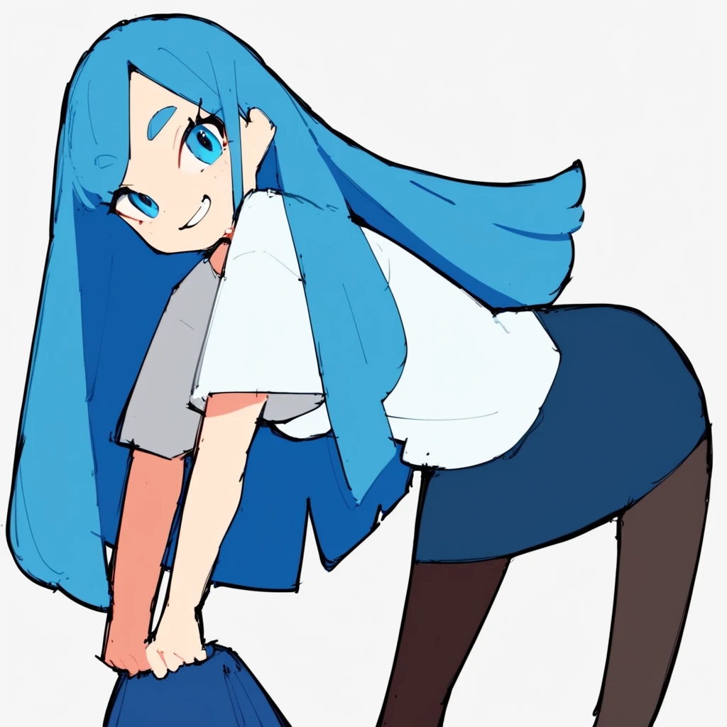 Girl, blue hair, long hair, smiling, white t-shirt, blue skirt, blue eyes, pantyhose, white background