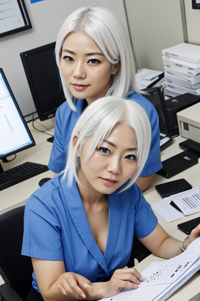 Japanese woman with white hair and blue eyes , fucking in the office hard