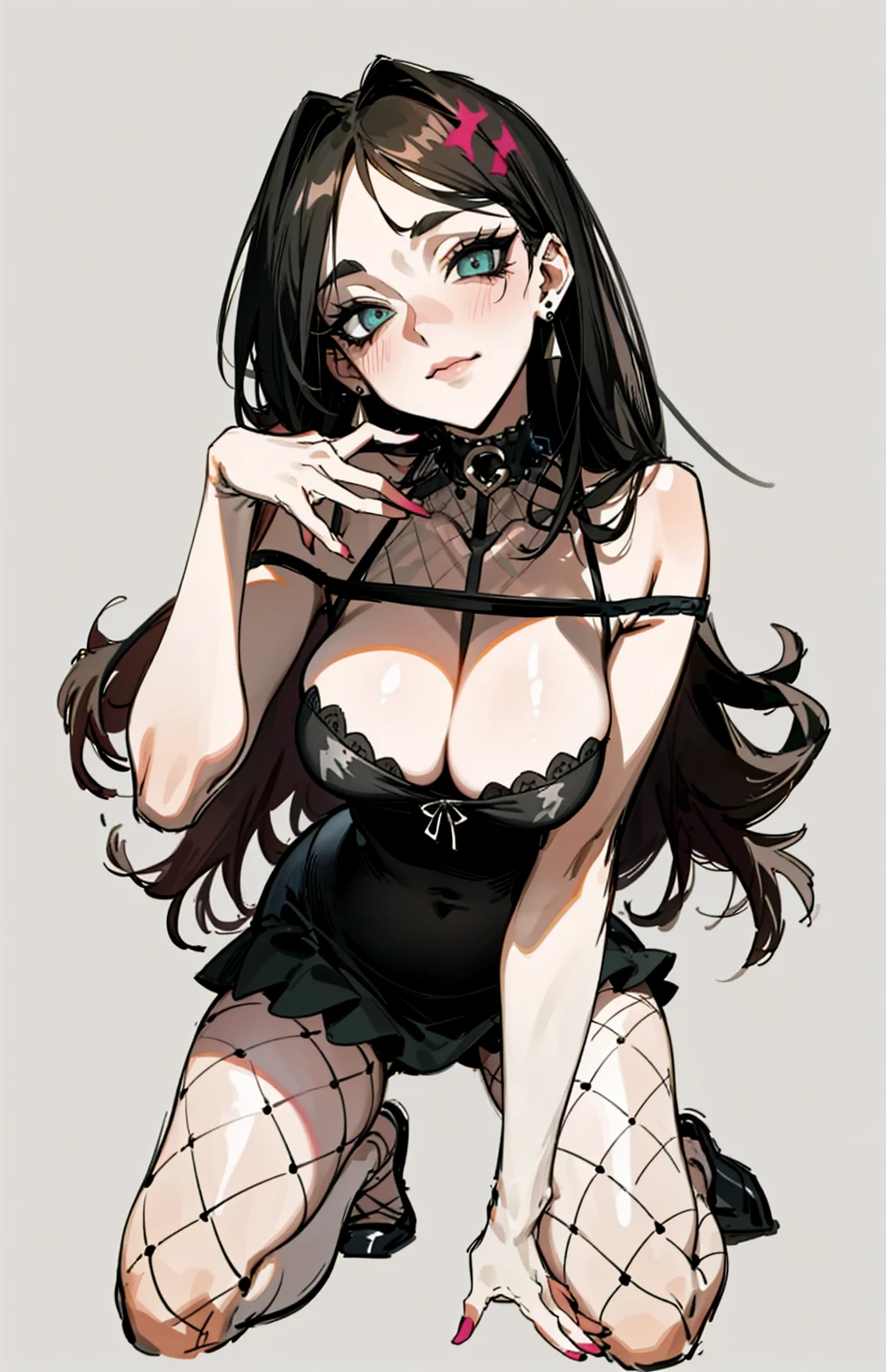 （best quality，masterpiece：1.2，detailed details，4k），((masterpiece)), ((best quality)), (ultra-detailed), anime style,large breast, slim, slender, ashamed, all fours ，Kneeling,Girl with modern gothic makeup, fair skin, long legs, black eyeshadow, camisole, plump figure, earrings and lip studs, fishnet stockings, posing in an attractive pose, lovable expression