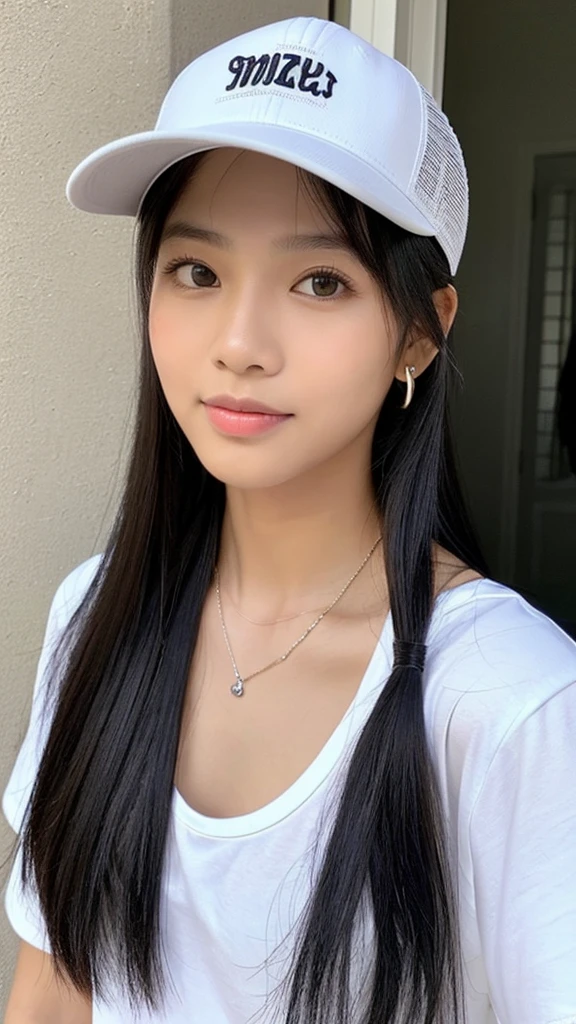 (Please generate an image of a young Filipina woman wearing a plain white t shirt a necklace and a white trucker cap. She has black hair, big black eyes, and a subtle, natural makeup look. The selfie should show her without visible makeup, and she should be looking directly into the camera. The face should appear realistically natural. The full-body shot of this attractive woman should feature a striking pose, and she has piercing black eyes. The girl has a sweet demeanor, and the pose should also be sweet. Please ensure that the entire body of the woman is visible in the image. The background should be black. The details of the image should be of high quality(best quality)), ((masterpiece)), (detailed), perfect face, Filipina, pinay